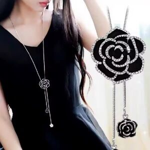 Black and Silver Camellia Flower Pendant Necklace